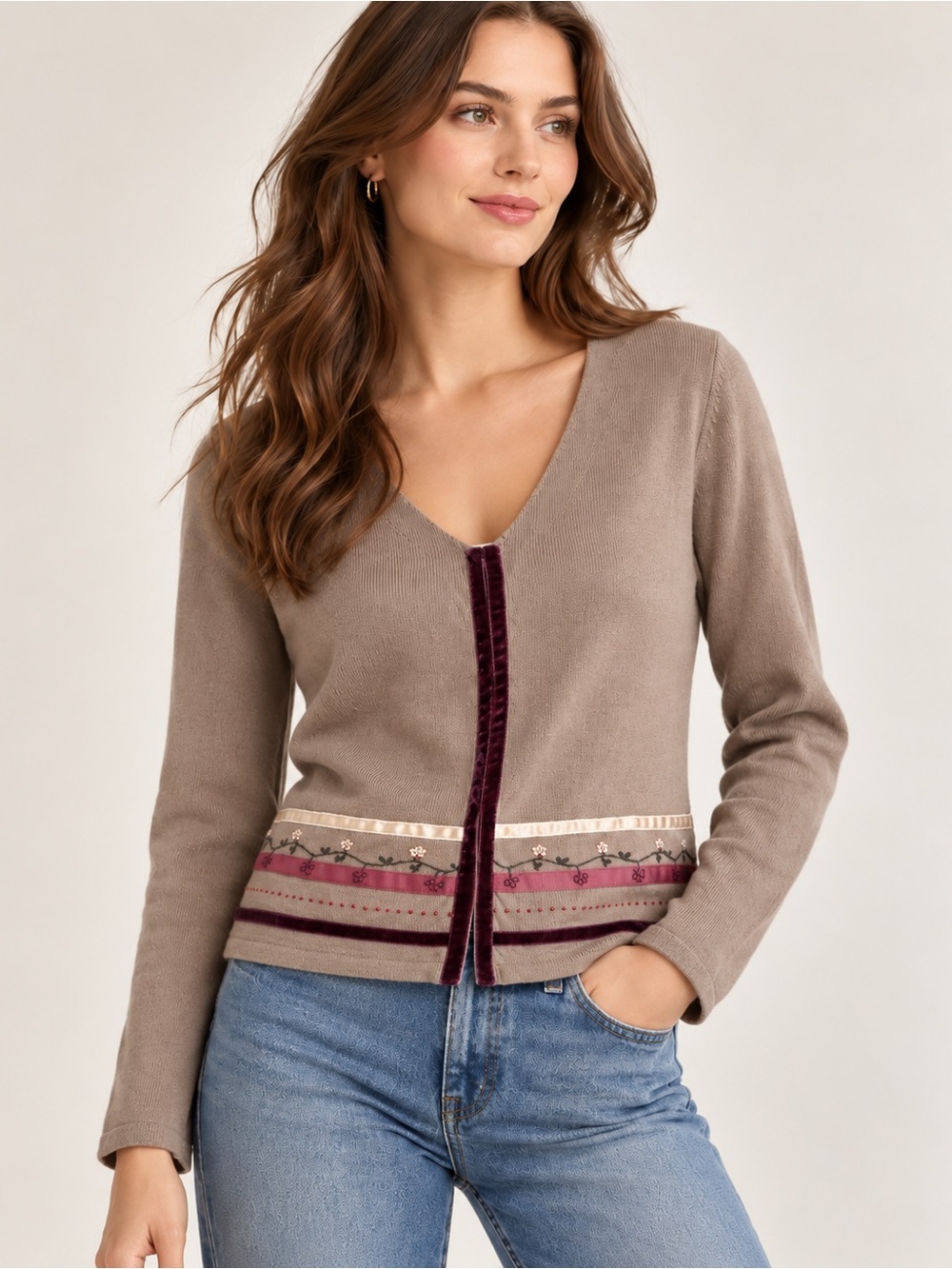 Eddie Bauer Vintage 100% Cotton Embroidered Velvet Trim Cardigan Size L